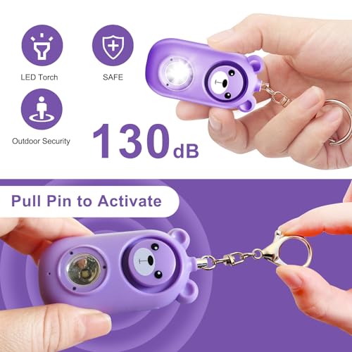 Personal Safety Alarm with LED Light, Rechargeable Cute Bear Design 130dB Self Defense Keychain Alarm, Emergency Security Alarm for Women Men Gilrs - color: Purple