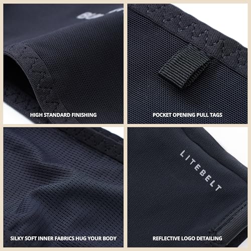 Build & Fitness LiteBelt Running Belt – 4 Quick Top-Access Pockets –Flip Waist Pack, Running Phone Holder – Fits All Size Phones, Keys, Cards, Earpods, GUs – for Men and Women (Black, S) - size: Small