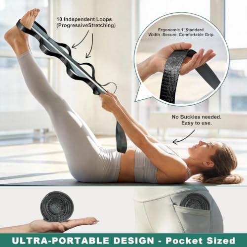 Acozycoo Stretching Strap with Loops for Leg Calf Back Physical Therapy - color: Black