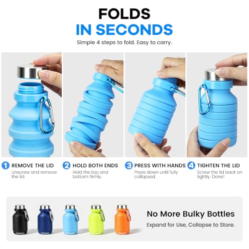 Nefeeko Collapsible Water Bottle, Reuseable BPA Free Silicone Water Bottles - color: Blue-18oz