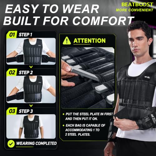 Beatboost Weighted Vest Men,20lb/30lb/40lb/50lb/60lb Adjustable Weight Vest - color: Black, size: 40LB