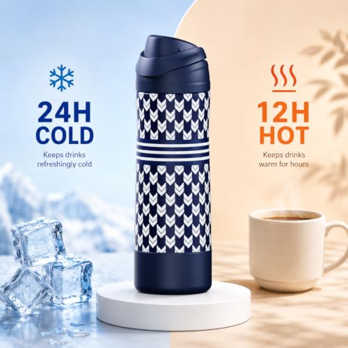 FJbottle Insulated Stainless Steel Sports Water Bottle with Handle - color: Navy Check, size: 24 Ounces