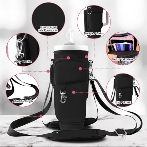 Stanley Carrier Bag for Stanley 40oz/30ozTumbler with Phone with 2 Adjustable Strap,3 Pockets Bottle Stanley Cup Carrier Bag & Case,Accessories for Hiking Travelling - color: Black