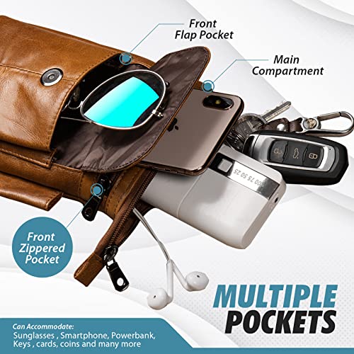 Genuine Leather Small Crossbody Purse for Men Women, Travel Passport Wallet Cell Phone Shoulder Holster Belt Pouch Messenger Bag - color: Brown