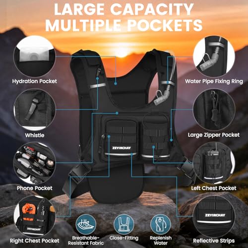 Hydration Pack Vest – Lightweight Chest Pack 2.0L Hands-Free Water Bladder Backpack, Reflective Strips, Adjustable Fit for Men and Women, Ideal for Marathon, Trail Running, Hiking, Cycling - color: Black