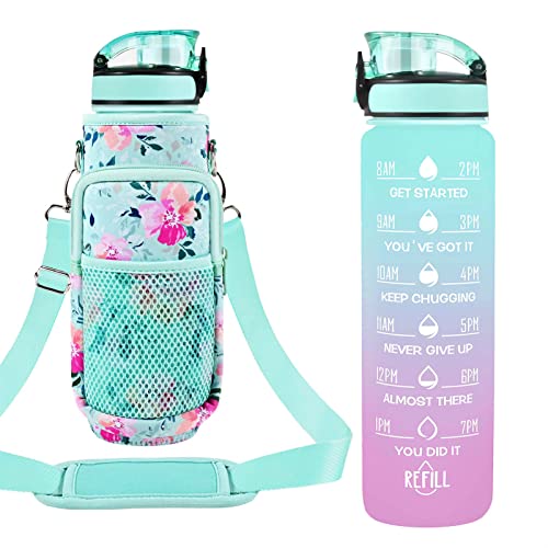 32 oz Water Bottles with Strap & Straw, Sport Motivational Water Bottles - color: Spring Bouquet
