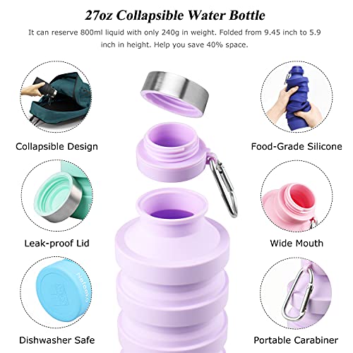 Nefeeko Collapsible Foldable Water Bottle, 27oz Reuseable BPA Free Silicone Portable Leak Proof Sports Water Bottle with Carabiner for Travel Gym Camping Hiking - color: Mint Green-27oz