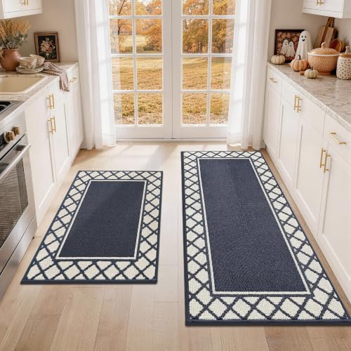 COSY HOMEER Washable Kitchen Rugs Sets of 2 Non-Slip Kitchen Mats,Navy - color: Navy Blue, size: 20"x30" + 20"x48"