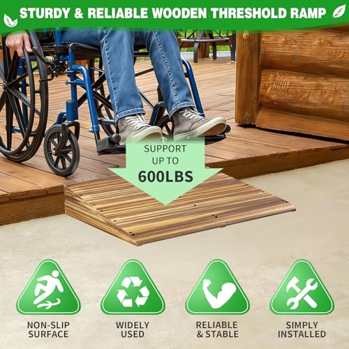 9" Rise Solid Wooden Threshold Ramp with Grooves for Home Steps/Wheelchairs - size: 9 inches