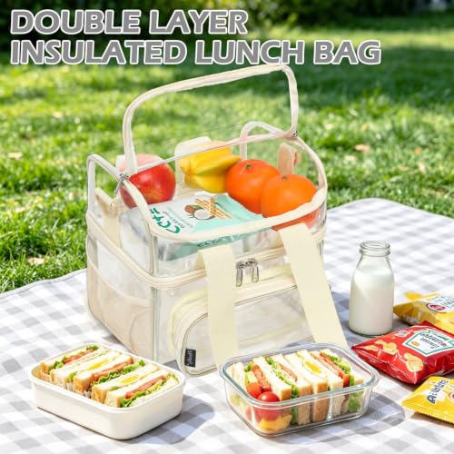 FlowFly Double Layer Cooler Insulated Lunch Bag Adult Lunch Box Large Tote Bag for Men, Women, With Adjustable Strap,Front Pocket and Dual Large Mesh Side Pockets - color: Clear#Biege