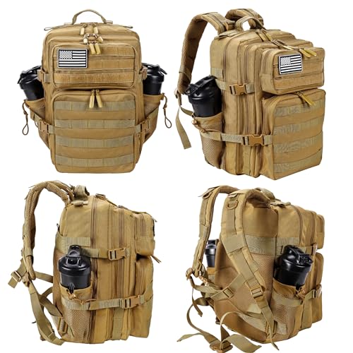 LHI Tactical Military Backpack for Men and Women 25L/35L Army Assault Pack Bag Small Rucksack with Bottle Holder - color: 35l-khaki, size: Medium