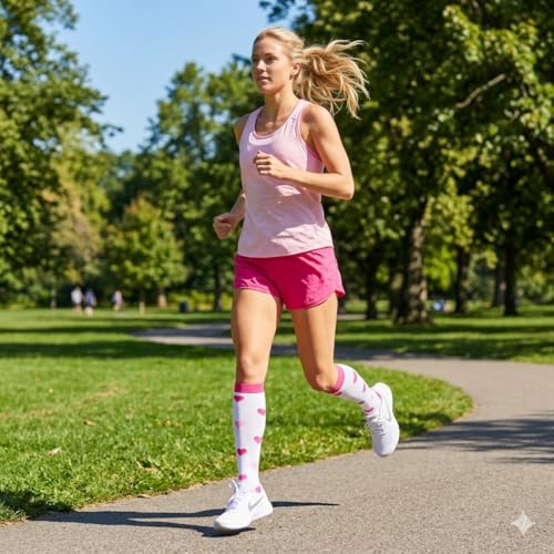 COUVER Unisex Graduated Athletic Compression Socks - color: Fuchsia Pink Heart, size: Large-X-Large