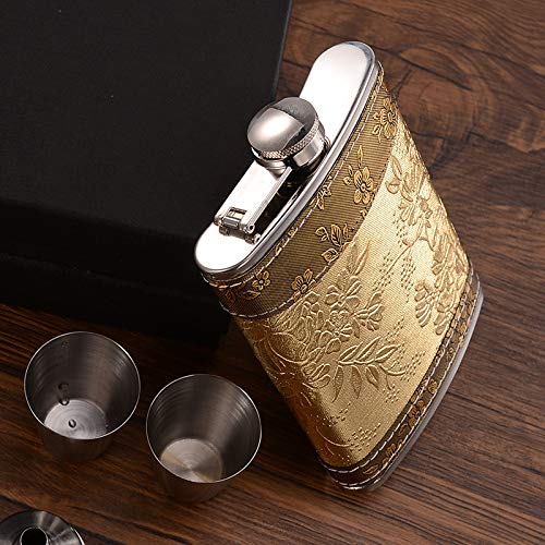 Golden pattern 8 Oz Flask Gift Hip Flask Stainless Steel(304/18-8 SS).Bonus 2 Shot Glass+1Funnel+1Giftbox.Flask Leak Proof Tested.Flask for Liquor/Alcohol.Flask for Men/Women