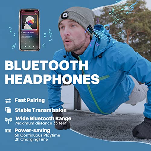 Bosttor Bluetooth Beanie Hat with Light, Headlamp Cap with Headphones and Built-in Speaker Mic, Gifts for Men Women Teen - color: Mist Blue