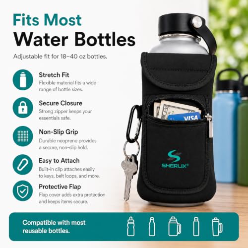 Gym Water Bottle Pouch, Waterproof Neoprene Sleeve with Accessory Pockets for Cell Phone, Airpods, Cards, Keychain Carabiner, Bottle Holder for Workout, Hiking, and More, Fits 18-40 oz Bottles - style: Universal Water Bottle Pouch (Black 18-40 oz)