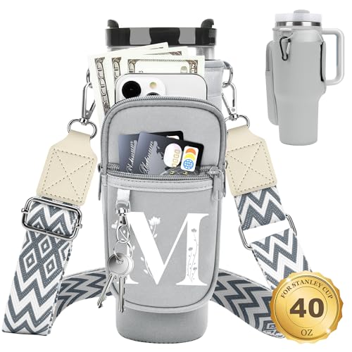 Initial Water Bottle Holder with Strap for Stanley Cup 40 oz Tumbler - color: Gray, style: M