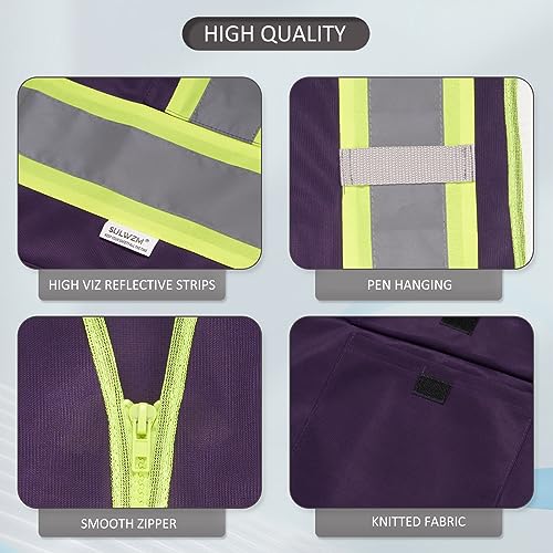 High Visibility Reflective Safety Vest with Zipper and Pockets Purple,M - color: Purple, size: Medium