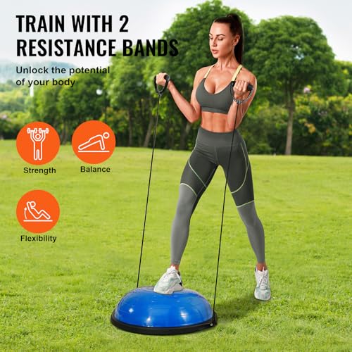 VEVOR Half Exercise Ball Trainer, 23/26 inch Balance Ball Trainer, 1500lbs Capacity Stability Ball, Yoga Ball with Resistance Bands & Foot Pump, Strength Fitness Ball for Home Gym Full Body Workout - color: 26" Ripple Blue