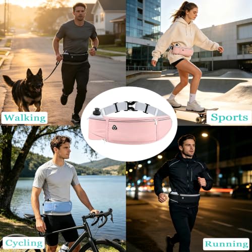 Running Belt with Water Bottle Holder, Large Fanny Pack for Men Women Girls Boys Kids Phone Carry Pouch,Flat Slim Waist Bag Fit Hydration Hiking Runner Walking Workout Gym Sport Travel - color: 02-Pink