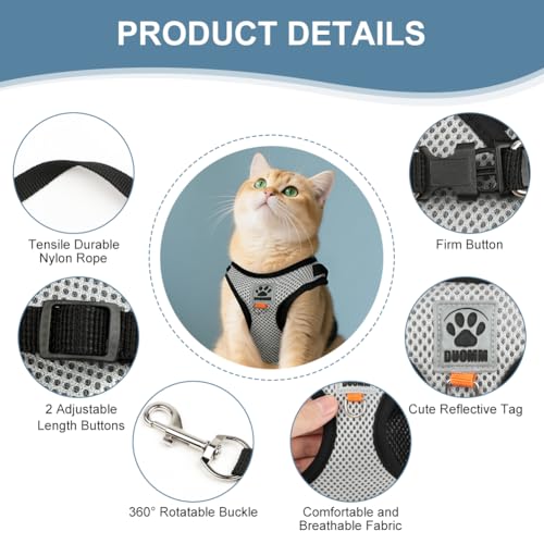 Cat Harness and Leash Escape Proof, Adjustable Kitten Harness and Leash Set for Cats Walking, Step-in Soft Breathable Mesh Vest with Reflective Strips, Lightweight Retractable Dog Leashes 16 Ft - color: Gray Black Harness+Leash, size: Harness-S