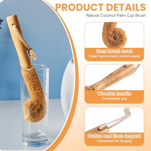 1Pcs Coconut Fibre Brush with Natural Wooden Handle Hangable Kitchen Multifunction Brush Cup Brush Washing Brush for Glass Feeding Bottle Wine Bottle