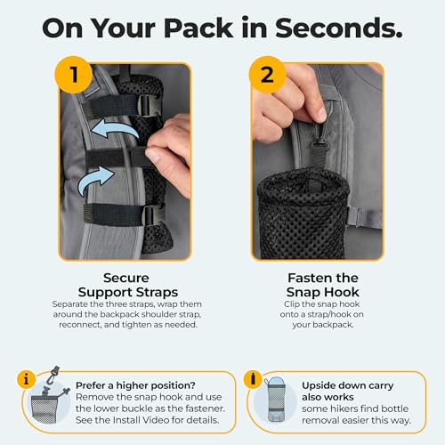 Water Bottle Holder for Backpack Non-Detachable Shoulder Straps - Fits 1L Smartwater, Detachable Rear Clips, Ultralight 0.7 oz, Durable Nylon Mesh Backpack Attachment