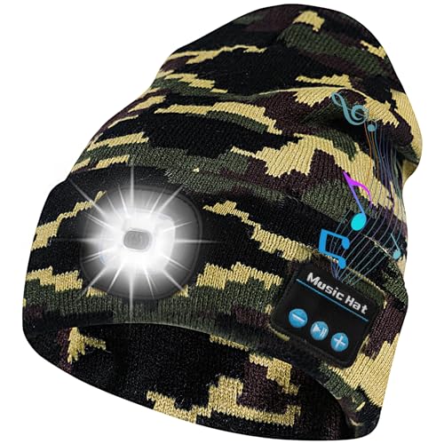 Bosttor Bluetooth Beanie Hat with Light, Headlamp Cap with Headphones and Built-in Speaker Mic, Gifts for Men Women Teen - color: Army Green