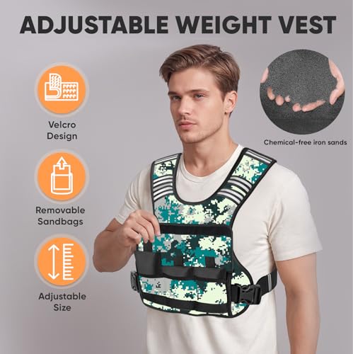 APEXUP Adjustable Weighted Vest, 4-10lb/12-18lb/20-32lb Vest with 6 Ironsand Weights and Large Pocket, Weight Vest for Men Women Strength Training, Running, Walking - color: Digital Camo, size: 12-18lbs