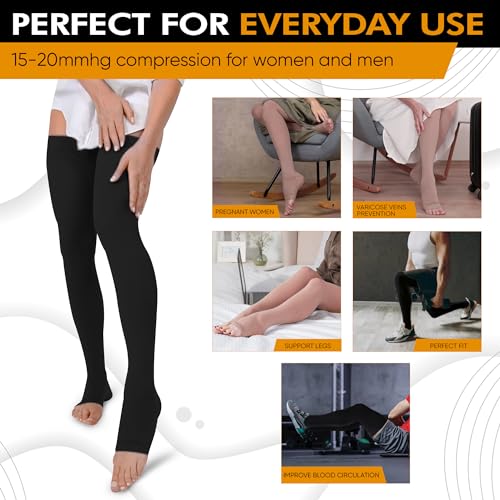 Doc Miller Thigh High Open Toe Compression Stockings 15-20mmHg - color: Black, size: XX-Large