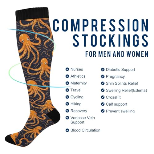 Snowflake Red Christmas Compression Sock for Women Men Funny Support Knee High Socks Running,Nurses,Travel - color: Orange Octopuses Ocean Animal