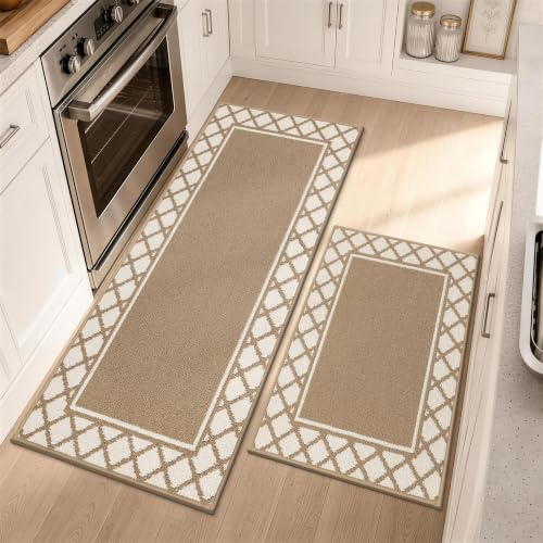 COSY HOMEER Washable Kitchen Rugs Sets of 2 Non-Slip Kitchen Mats,Beige - color: Beige, size: 20"x30" + 20"x48"