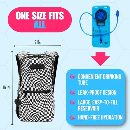 Kandies World Reflective Festival Hydration Pack - 2L Hydropack for Raves, Hiking, Biking, Running, and More (with Anti-Theft Pocket) - style: Checkered