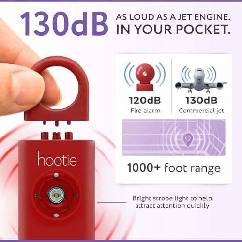 HOOTIE Personal Safety Alarm for Women, Men and Kids — 130dB Personal Alarm Keychain, Pull Pin Safety Alarm Keychain with Strobe Light, Self-Defense Alarm for Campus, Travel and Running — Red - color: Red