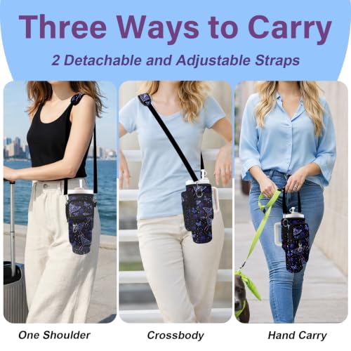 Water Bottle Carrier Bag for Stanley Cup 40/30oz, Neoprene Water Bottle Holder Pouch with 3 Pocket Adjustable Shoulder & Hand Strap - color: Purple Butterfly