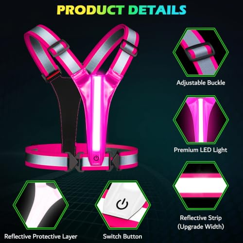 Led Light Up Running Vest Reflective Vest for runners night walking, Rechargeable Reflective Running Vest High Visibility - color: Pink