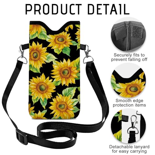 GLOBLELAND Sunflowers Cell Phone Sleeve Pouch Case Bag 7.1×3.9 inch Flowers Shockproof Universal Phone Bag with Crossbody Strap Neck Lanyard for Women Men Phone Headphones Watch - color: Sunflowers