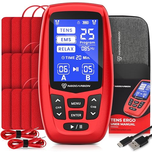 NEOCARBON TENS Unit Muscle Stimulator Ergo Machine for Pain Relief, Red - color: Red