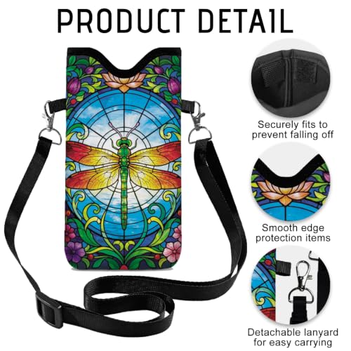 GLOBLELAND Dragonfly Cell Phone Sleeve Pouch Case Bag 7.1×3.9 inch Insect Shockproof Universal Phone Bag with Crossbody Strap Neck Lanyard for Women Men Phone Headphones Watch Multicolor - color: Dragonfly Flowers