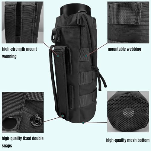 Tactical MOLLE Water Bottle Holder, Upgraded Water Bottle Pouch with Drawstring Open Top & Mesh Bottom, 16/24/25/32oz Water Bottle Carrier Bag with D-Ring Hook for Backpack - color: Black