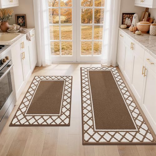 COSY HOMEER Washable Kitchen Rugs Sets of 2 Non-Slip Kitchen Mats,Browm - color: Brown, size: 20"x30" + 20"x48"
