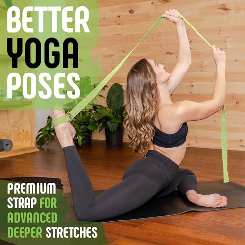 Yoga Strap with Buckle, Soft Cotton/Polyester Webbing, 8 ft - color: Green