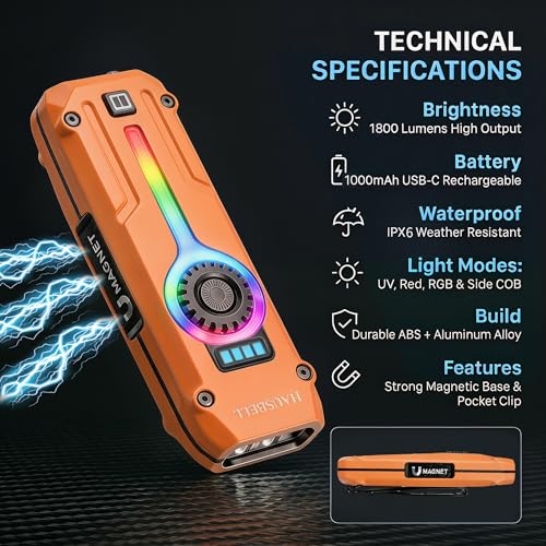 HAUSBELL Flat EDC Flashlight 1800LM Turbo, 0.6" Ultra-Slim Pocket Light with Stepless Dimming Dial, Magnetic Base, 365nm UV & Red Laser, Side-COB Flood, USB-C Fast Charge, IP44 Weatherproof - color: Orange