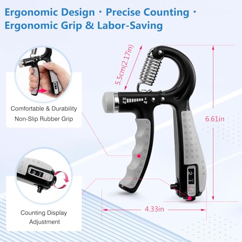 CYFIE Grip Strength Trainer Kit Adjustable 10-132Lbs Hand Exerciser Counter - color: Black