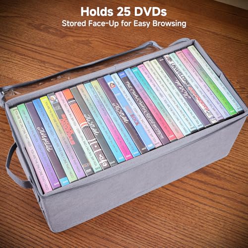 DVD Storage Box – DVD Case with Clear PVC Lid – DVD Shelf Organizer for 25 Standard DVD Cases – Foldable & Stackable Media Storage Solution – 4Pack(Gray) - size: DVD-4Pack