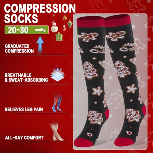 6 Pairs 20-30 mmHg Knee High Compression Socks, Unisex, Running, Travel - color: 01-christmas Multicolor, size: Small-Medium