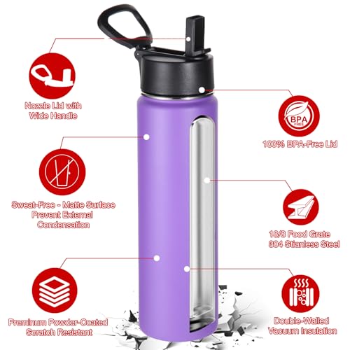 Volhoply 24oz Insulated Water Bottle with Straw Lid, Purple, 1-Pack - color: Purple
