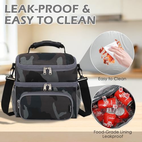 FlowFly Double Layer Cooler Insulated Lunch Bag Adult Lunch Box Large Tote Bag for Men, Women, With Adjustable Strap,Front Pocket and Dual Large Mesh Side Pockets - color: Black#Camo