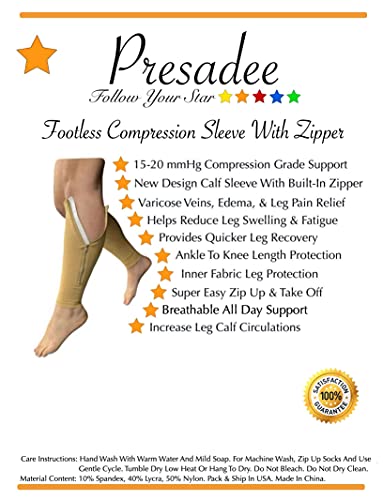 Presadee Calf Zipper 15-20 mmHg Compression Leg Circulation Fatigue Shin Sleeve (Beige, S/M) - color: Beige, size: Small/Medium (Pack of 1)