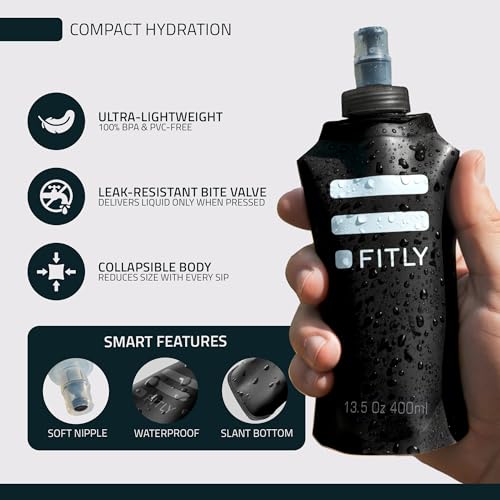 FITLY Soft Flask Running Water Bottle - Collapsible Hydration Flask - color: Black, size: 13.5 Ounces