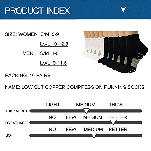Iseasoo Ankle Compression Socks for Women Men, 5 Pairs Copper Running Socks - color: C02-5 Black +5 White, size: Large-X-Large